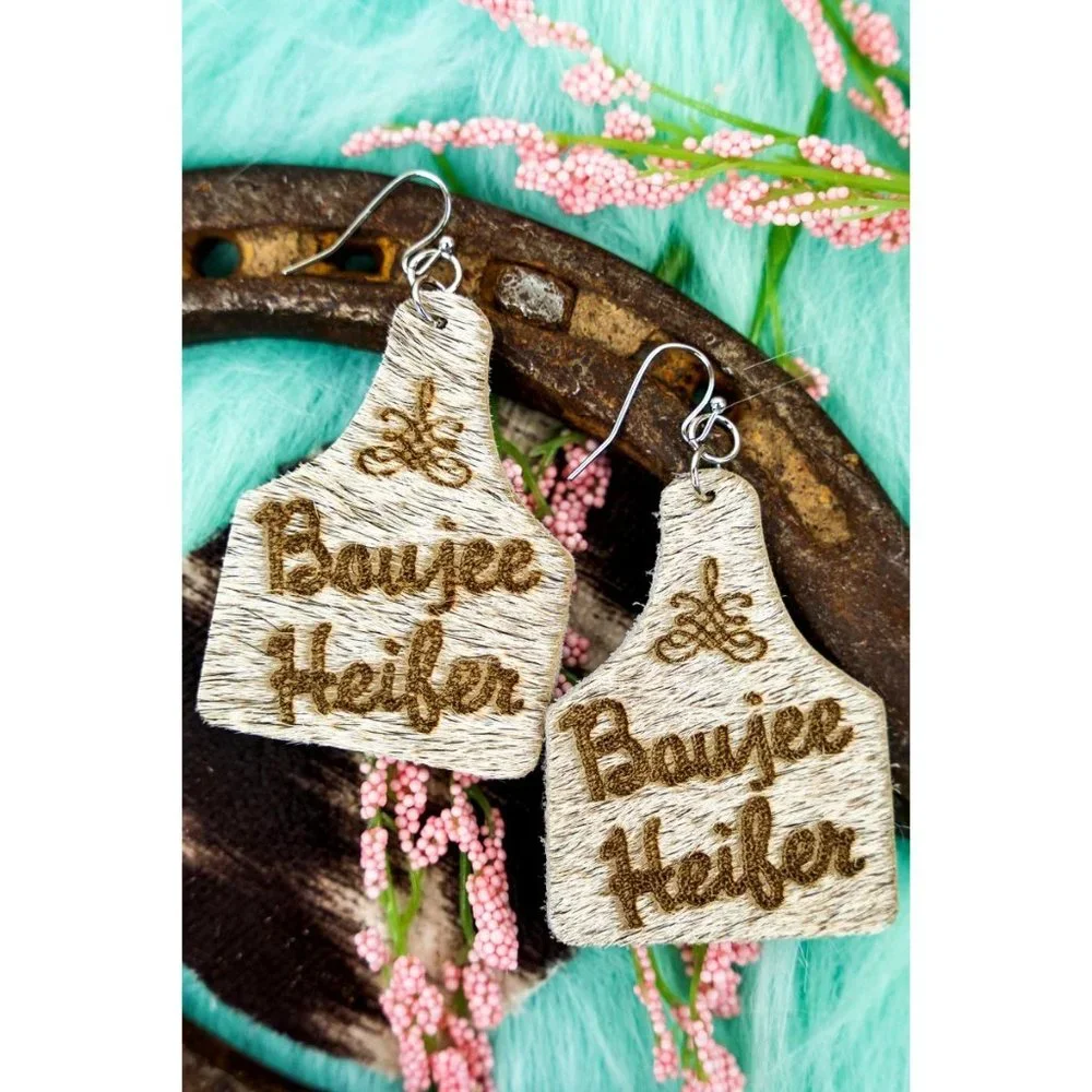 Earrings. Boujee Heifer Cowhide Cattle Tag. Pierced. - Picture 1 of 1